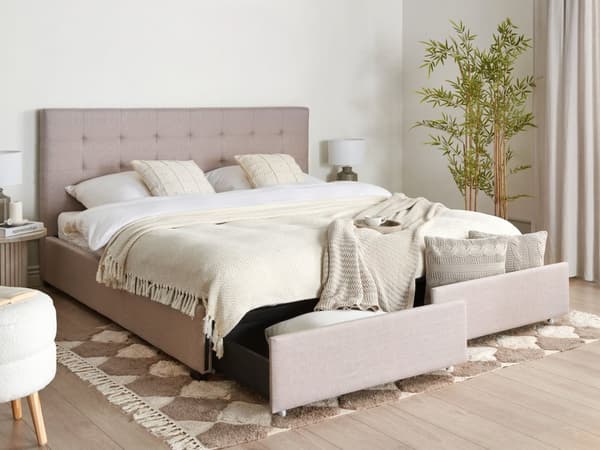 Parisänky vaaleanharmaa kangas verhoilu 180 x 200 cm sälepohja laatikoilla tuftattu pääty glamour