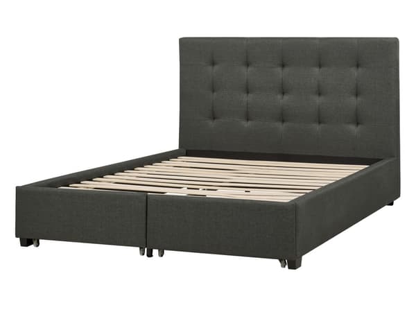 Parisänky tummanharmaa kangas verhoilu 140 x 200 cm sälepohja laatikoilla tuftattu pääty glamour