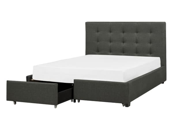 Parisänky tummanharmaa kangas verhoilu 140 x 200 cm sälepohja laatikoilla tuftattu pääty glamour