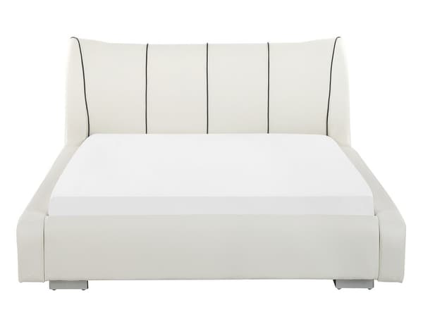 Parisänky luonnonvalkoinen nahka verhoiltu 140 x 200 cm sälepohja LED-valo tikattu kaareva pääty retro glamour tyyli