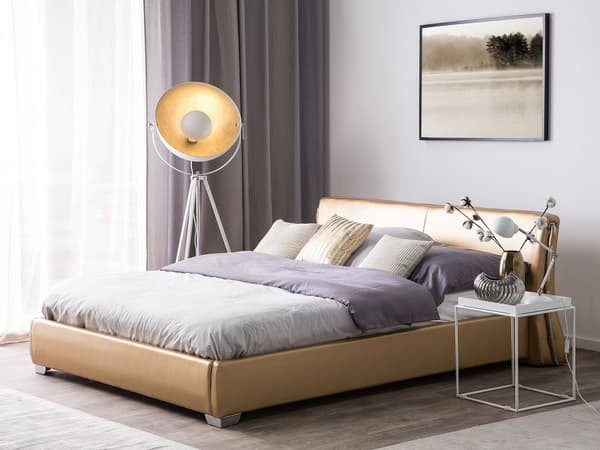 Parisänky kulta 180 x 200 cm nahkaverhoilu metallijalat sälepohja LED-valo glamour retro
