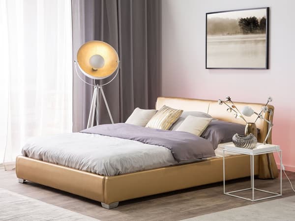 Parisänky kulta 180 x 200 cm nahkaverhoilu metallijalat sälepohja LED-valo glamour retro