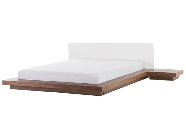 Parisänky ruskea MDF-levy 180 x 200 cm sälepohja yöpöydät valkoinen keinonahka sängynpääty LED-valo matala moderni tyyli