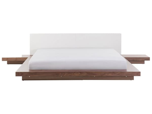 Parisänky ruskea MDF-levy 180 x 200 cm sälepohja yöpöydät valkoinen keinonahka sängynpääty LED-valo matala moderni tyyli
