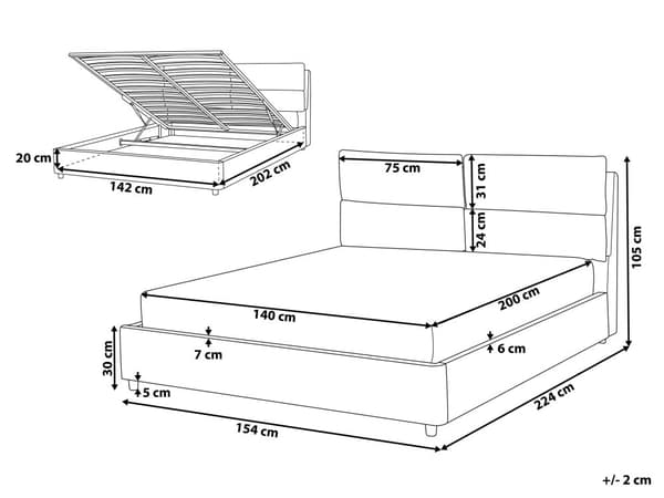 Dubbelsäng Mörkgrå Sammet Klädd med Förvaring 140 x 200 cm Sovrum Sängarm