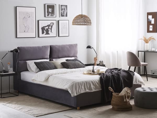 Dubbelsäng Mörkgrå Sammet Klädd med Förvaring 140 x 200 cm Sovrum Sängarm