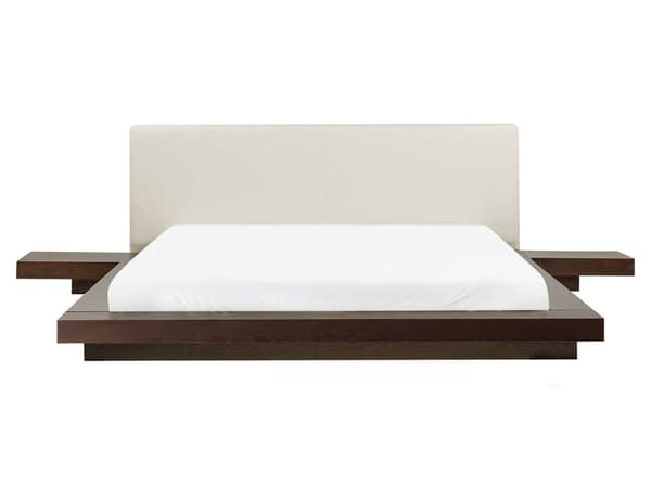 Vesisänky tumma MDF-levy 160 x 200 cm tarvikkeilla yöpöydät valkoinen keinonahka sängynpääty matala moderni tyyli