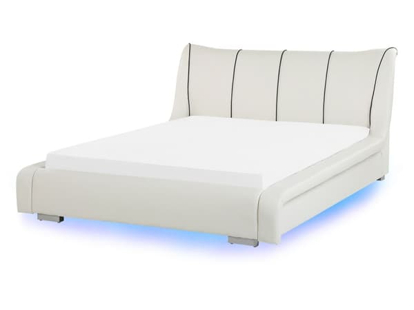 Vesisänky luonnonvalkoinen nahka verhoiltu 140 x 200 cm tarvikkeilla LED-valo tikattu kaareva pääty retro glamour tyyli