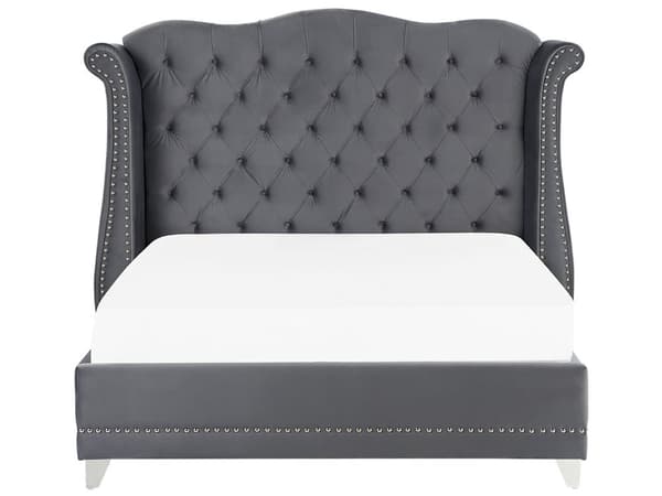 Parisänky harmaa sametti verhoiltu puu 160 x 200 cm sälepohja napitettu verhoilunaulat glamour retro tyyli