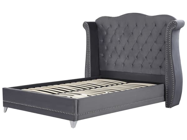 Parisänky harmaa sametti verhoiltu puu 160 x 200 cm sälepohja napitettu verhoilunaulat glamour retro tyyli