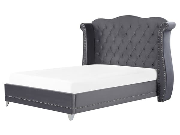 Parisänky harmaa sametti verhoiltu puu 160 x 200 cm sälepohja napitettu verhoilunaulat glamour retro tyyli