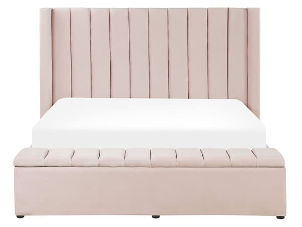 Sänky pastellipinkki sametti verhoilu säilytystila 160 x 200 cm penkki sälepohja moderni tyyli