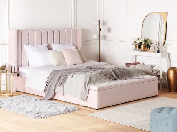 Dubbelsäng Pastellrosa Sammet 160 x 200 cm Lamellbas med Förvaringsbänk Tuftad