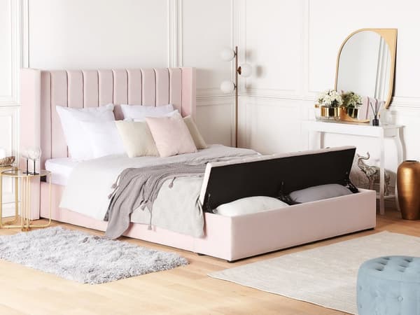 Dubbelsäng Pastellrosa Sammet 160 x 200 cm Lamellbas med Förvaringsbänk Tuftad