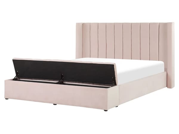 Dubbelsäng Pastellrosa Sammet 160 x 200 cm Lamellbas med Förvaringsbänk Tuftad