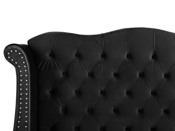 Parisänky musta sametti verhoiltu puu 160 x 200 cm sälepohja napitettu verhoilunaulat glamour retro tyyli