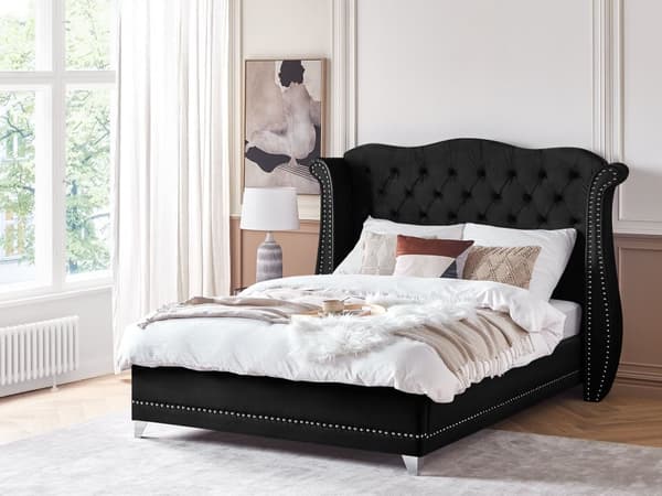 Parisänky musta sametti verhoiltu puu 160 x 200 cm sälepohja napitettu verhoilunaulat glamour retro tyyli