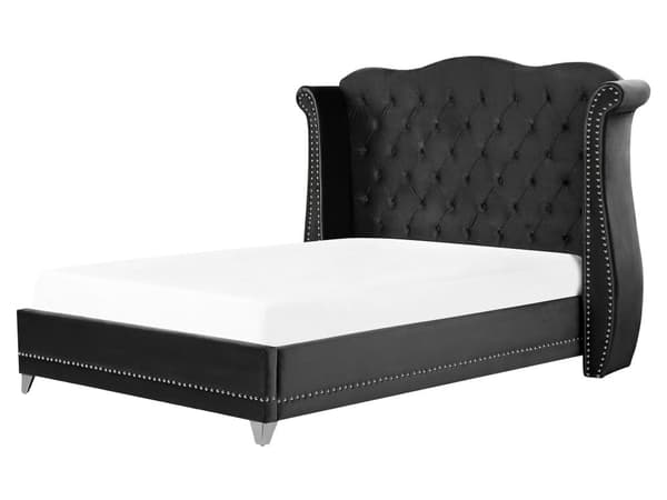 Parisänky musta sametti verhoiltu puu 160 x 200 cm sälepohja napitettu verhoilunaulat glamour retro tyyli