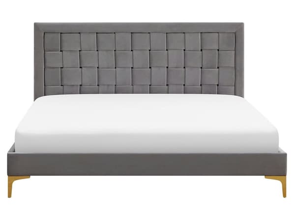 Parisänky harmaa sametti verhoiltu 160 x 200 cm sälepohja punottu sängynpääty moderni glamour tyyli