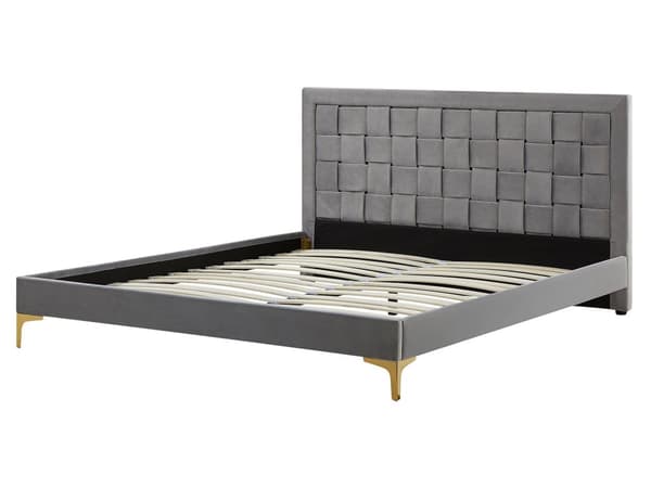 Parisänky harmaa sametti verhoiltu 160 x 200 cm sälepohja punottu sängynpääty moderni glamour tyyli