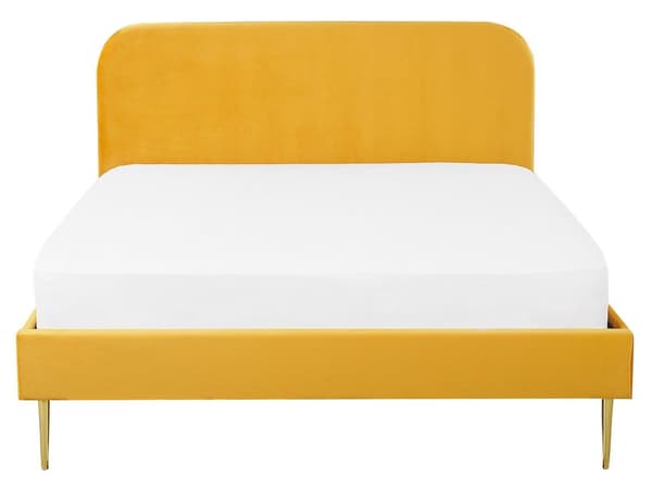 Sänky keltainen sametti verhoilu 160 x 200 sälepohja glamour retro tyyli