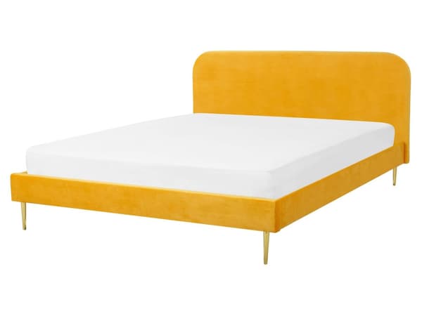 Sänky keltainen sametti verhoilu 160 x 200 sälepohja glamour retro tyyli
