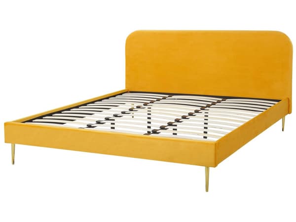 Sänky keltainen sametti verhoilu 180 x 200 sälepohja glamour retro tyyli