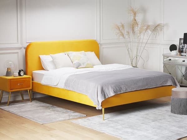 Sänky keltainen sametti verhoilu 180 x 200 sälepohja glamour retro tyyli
