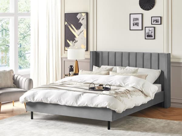 Parisänky harmaa sametti verhoiltu metallijalat 180 x 200 cm sälepohja tikattu pääty moderni tyyli