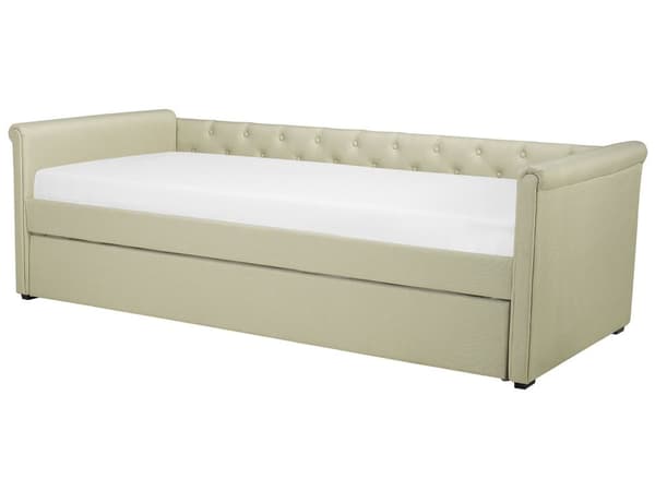 Sohvasänky beige 80 x 200 cm kangasverhoilu sälepohja ulosvedettävä lisävuode napitettu retro