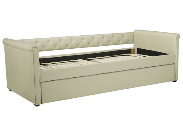 Sohvasänky beige 80 x 200 cm kangasverhoilu sälepohja ulosvedettävä lisävuode napitettu retro