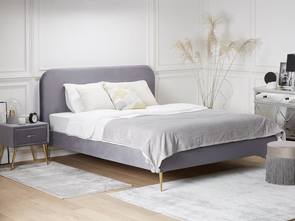 Grå Seng Betrukket med Velour 140 x 200 cm Minimalistisk Stil Gyldne Ben med Stel og Sengegavl