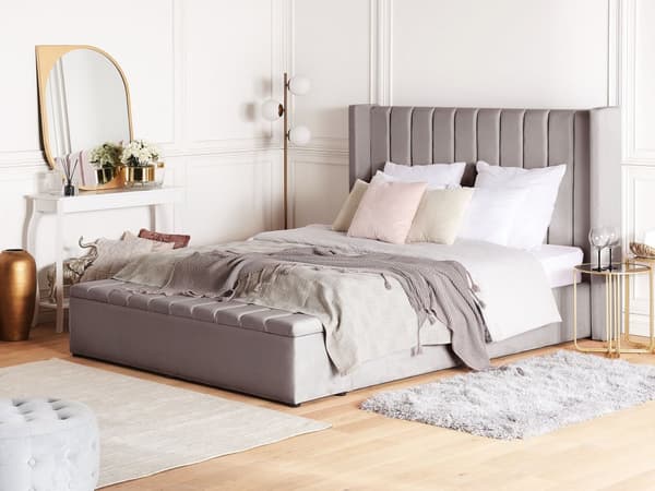 Grå Velour Seng med Stel 160 x 200 cm Høj Sengegavl med Kommode