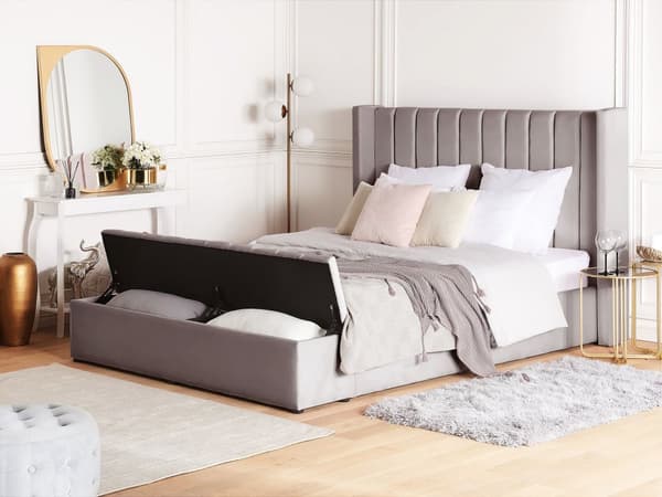 Grå Velour Seng med Stel 160 x 200 cm Høj Sengegavl med Kommode
