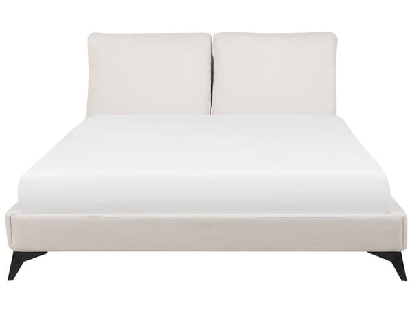Seng med stel, beige betrukket med chenille stof 180 x 200 cm med sengegavl
