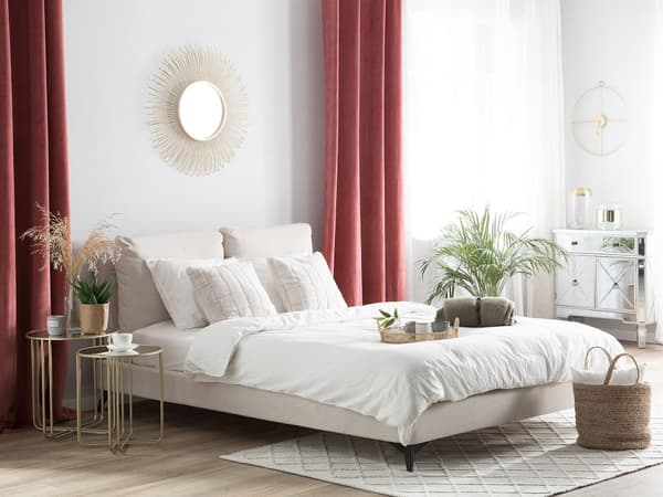 Seng med stel, beige betrukket med chenille stof 180 x 200 cm med sengegavl