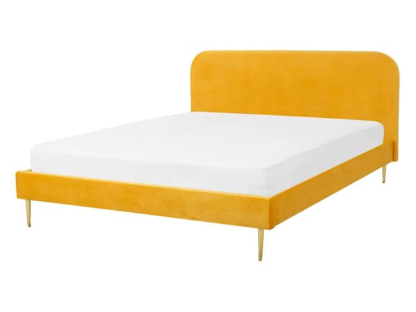 Velourseng Gul 140 x 200 cm Minimalistisk Stil Gyldne ben med Stel og Sengegavl