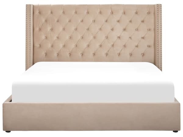 En Beige Polstret seng 160 x 200 cm med en Opbevaringsramme og en Høj Quiltet Sengegavl