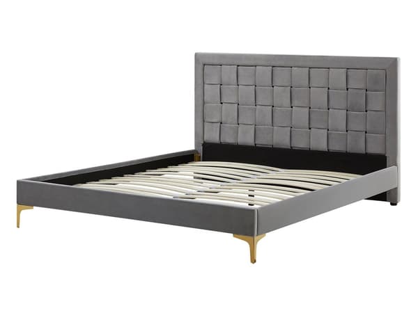 Velourseng Grå Polstret Guld Metalben 140 x 200 cm Halvanden Mands Seng med Flet Origami Sengegavl Moderne Glamour Soveværelse Indretning