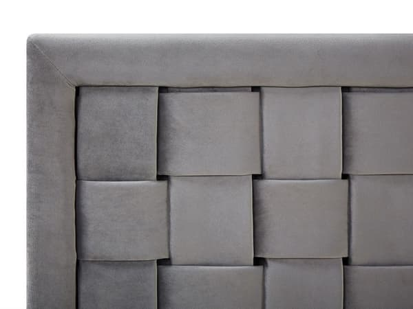 Velourseng Grå Polstret Guld Metalben 140 x 200 cm Halvanden Mands Seng med Flet Origami Sengegavl Moderne Glamour Soveværelse Indretning