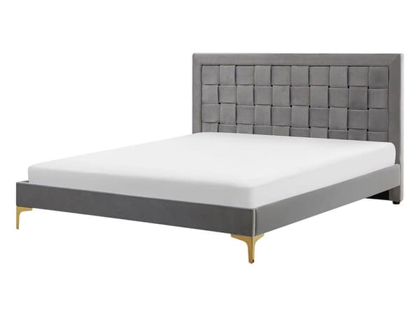 Velourseng Grå Polstret Guld Metalben 140 x 200 cm Halvanden Mands Seng med Flet Origami Sengegavl Moderne Glamour Soveværelse Indretning