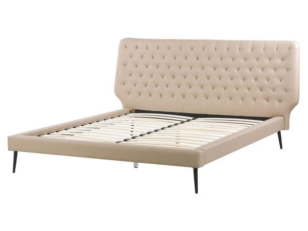 Sänky beige keinonahka verhoilu 160 x 200 cm napitettu sängynpääty moderni tyyli