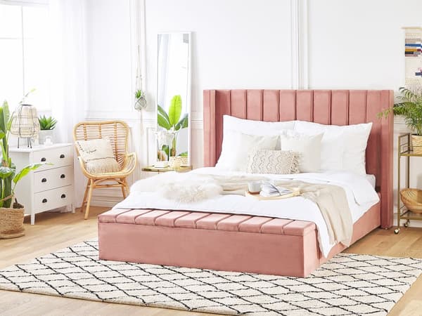 Lyserød Velour Seng Velourramme 160 x 200 cm Høj Sengegavl med Kassebænk