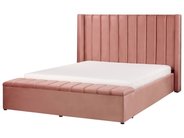 Lyserød Velour Seng Velourramme 160 x 200 cm Høj Sengegavl med Kassebænk