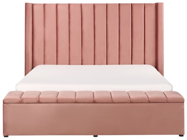 Lyserød Velour Seng Velourramme 160 x 200 cm Høj Sengegavl med Kassebænk