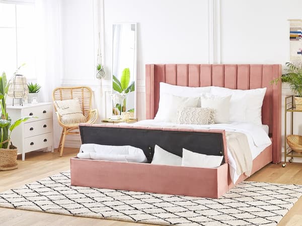 Lyserød Velour Seng Velourramme 160 x 200 cm Høj Sengegavl med Kassebænk