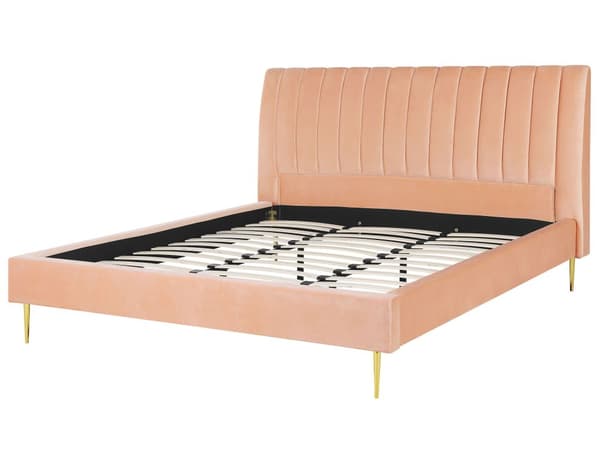 Parisänky persikanpunainen sametti verhoiltu metallijalat 180 x 200 cm sälepohja tikattu pääty moderni tyyli