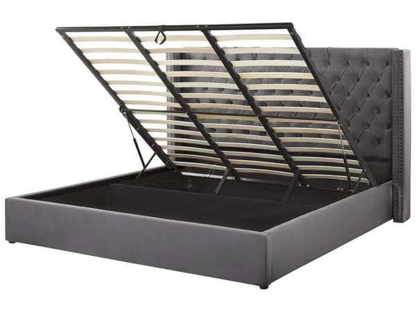 Dubbelsäng Sängram Ribbor Grå Sammet Tuftad Huvudgavel 180 x 200 cm med Förvaring Glam Design