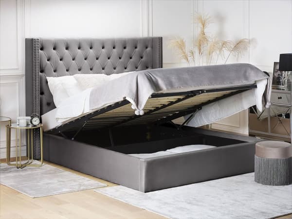 Dubbelsäng Sängram Ribbor Grå Sammet Tuftad Huvudgavel 160 x 200 cm med Förvaring Glam Design