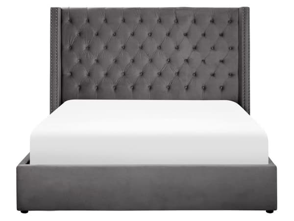 Dubbelsäng Sängram Ribbor Grå Sammet Tuftad Huvudgavel 160 x 200 cm med Förvaring Glam Design